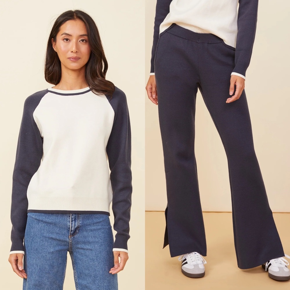 Brand New- Monrow Soft Knit Colorblock Crewneck and Pants in Ivory/ Blue